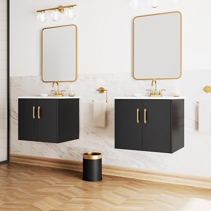 phiestina Pre-Assembled 24 Inch Black Floating Bathroom Vanity, Wall Mounted Cabinet with 2 Soft-Close Doors,3 Holes Ceramic Countertop Sink Combo,No Faucet,BV08-24-BLACK