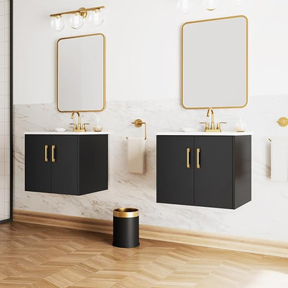 phiestina Pre-Assembled 24 Inch Black Floating Bathroom Vanity, Wall Mounted Cabinet with 2 Soft-Close Doors,3 Holes Ceramic Countertop Sink Combo,No Faucet,BV08-24-BLACK