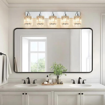 Brushed Chrome Crystal Bathroom Vanity Light, 5-Light Modern Bathroom Lighting Fixtures Over Mirror,Chrome Wall Sconce Light Fixtures with Round Shade