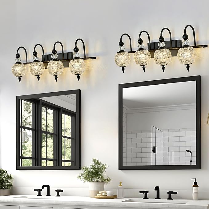 Vintage Bathroom Light Fixtures Black Vanity Light with Glass Globe LampShade 4 Lights Mid Century G9 Bulb Wall Sconce Indoor Vanity Light Over Mirror for Kitchen Bedroom Farmhouse