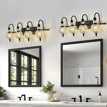 Vintage Bathroom Light Fixtures Black Vanity Light with Glass Globe LampShade 4 Lights Mid Century G9 Bulb Wall Sconce Indoor Vanity Light Over Mirror for Kitchen Bedroom Farmhouse