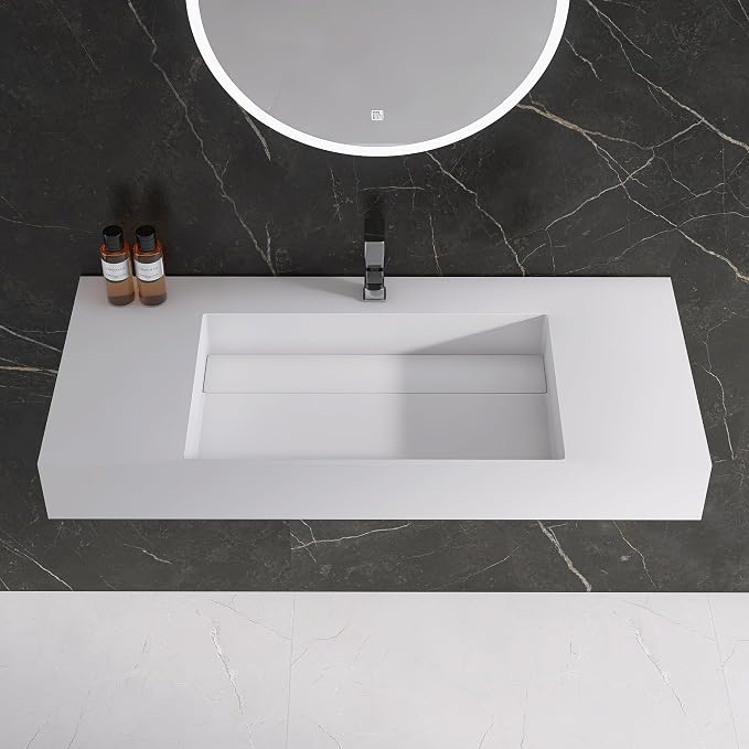 42" x 18" Wall Mount Sink, Stone Resin Rectangular Bathroom Sink | Modern Floating Vessel Sinks for Vanity, Art Basin Trough, Durable and Stylish Bathroom Sinks for Modern Homes, White