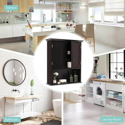 COSTWAY Wall Mounted Bathroom Cabinet, Over The Toilet Storage Cabinet w/Double Doors & Adjustable Shelf, Wood Hanging Medicine Cabinet for Living Room, Entryway, Kitchen (Brown) | Double Doors & Adjustable Shelf, Wood Hanging Medicine Cabinet for Livi...