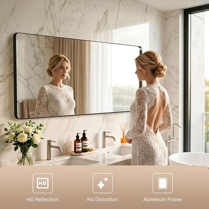60x28 inch Black Bathroom Mirror Metal Framed Rounded Rectangle | Oversized Wall Mounted Mirror, Anti-Rust, HD Reflection, Tempered Glass, Hangs Horizontally or Vertically