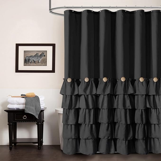 Seasonwood Black Ruffle Shower Curtain Farmhouse Shower Curtain 72 X 84 | Natural button accents, layered fabric tiers, shabby chic and French country styling for decorative bathroom updates