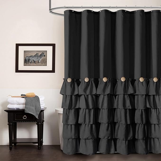 Seasonwood Black Ruffle Shower Curtain Farmhouse Shower Curtain 72 X 72 | Natural button accents, layered fabric tiers, shabby chic and French country styling for decorative bathroom updates