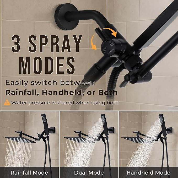 G-Promise All Metal 8" Rain Shower Head with Handheld for Bathroom Upgrade | All Metal, Built to Last, Easy Install, Adjustable Height & Angle for All Heights, Extra Long Hose, Modern Upgrade