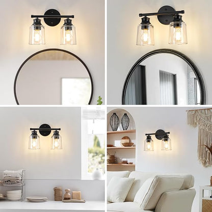 Bathroom Light Fixtures Over Mirror, 2 Lights Vanity Lights with Clear Glass Shade, 12.1" Matte Black Farmhouse Bathroom Wall Light Fixtures for Bedroom, Porch, Hotel, Mirror Cabinet