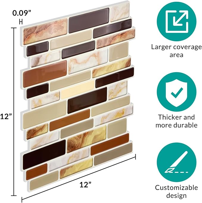 Joysticky 10-Sheet Peel and Stick Backsplash, 12" * 12" Crystal Texture Stick on Tiles Backsplash for Kitchen & Bathroom, Thicker Design Peel and Stick Wall Tiles (Coffee Gold)