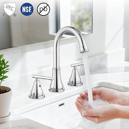 Widespread Bathroom Faucet 3 Hole, 8 inch Bathroom Sink Faucet with Pop-up Drain and Supply Lines, Two Handles, Stainless Steel, Polish Chrome