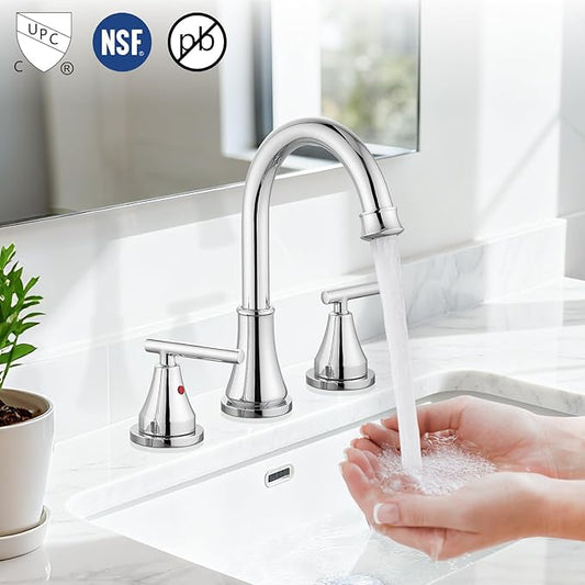 Widespread Bathroom Faucet 3 Hole, 8 inch Bathroom Sink Faucet with Pop-up Drain and Supply Lines, Two Handles, Stainless Steel, Polish Chrome