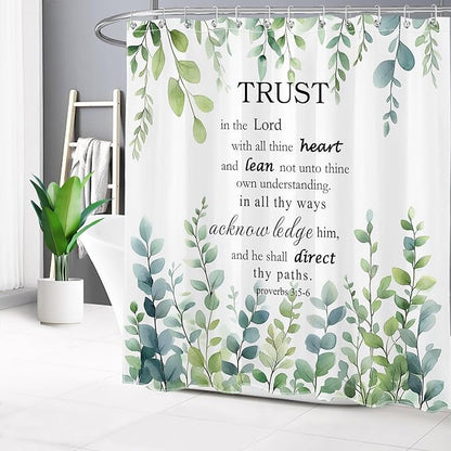 HVEST Green Eucalyptus Bathroom Sets with Shower Curtain and Rugs, Sage Green Leaf Plant and Bible Verse on White Shower Curtain Modern Polyester Fabric Bathroom Shower Curtain Sets,70L X 70W inches