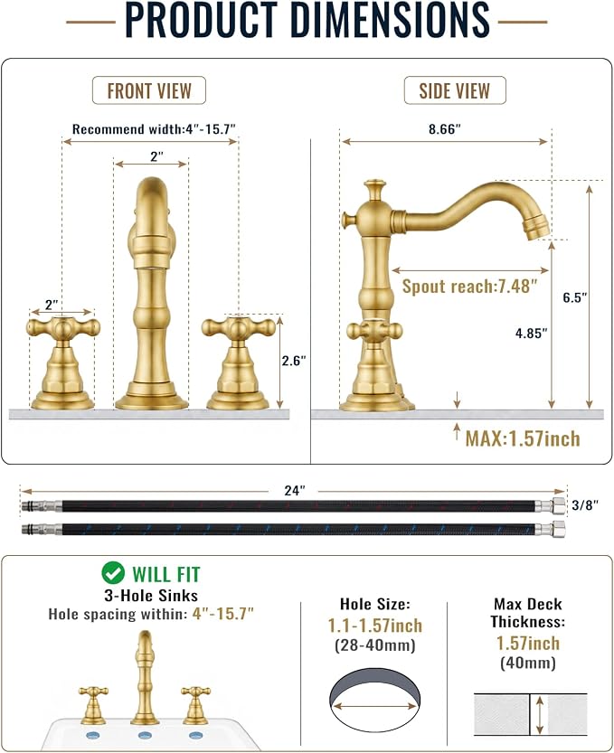 gotonovo Bathroom Faucet 3 Hole Vintage, Brushed Gold, Hot Cold Label | Widespread Bathroom Sink Faucet 8 Inch 2 Cross Handles,Pop Up Drain,cUPC Supply Line,4-15.7” Install,for Vanity Farmhouse RV