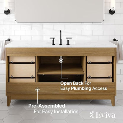 Eviva Graham 60 in. Oak Single Sink Bath Vanity with Arabescato Engineered Stone Top and Undermount Porcelain Sink