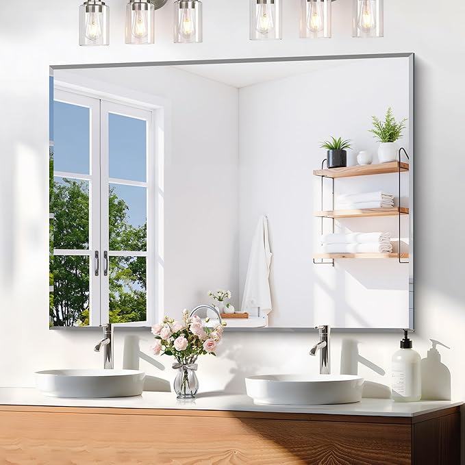 KOCUUY Beveled Mirror, 48x36 Inch Large Frameless Bathroom Mirror for Over Sink, Upgraded Shatterproof Beveled Unframed Design Mirror for Bathroom, Bedroom, Hang Horizontal/Vertical