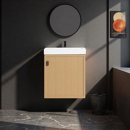 18.5" Bathroom Vanity with Resin Sink, Modern Wall-Mounted Floating Bathroom Vanity with Soft Closed Single Door for Home, Undermount Storage Cabinet, Easy to Clean, Natural Wood