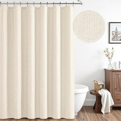 ANRODUO Cream White Linen Textured Fabric Shower Curtain Set - W72xL72 | Farmhouse Shower Curtain with 12 Metal Hooks, Waterproof Heavy Duty, Button Hole Design, Machine Washable for Bathroom