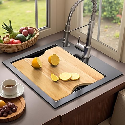 YITAHOME 15in Small Black Drop In RV Sink Workstation, Top Mount Stainless Steel Nano Gunmetal Black Small Kitchen Sink with Grid, Cutting Board, Rolling Rack for Workstation, Bar, 15 x 15 x 9 in