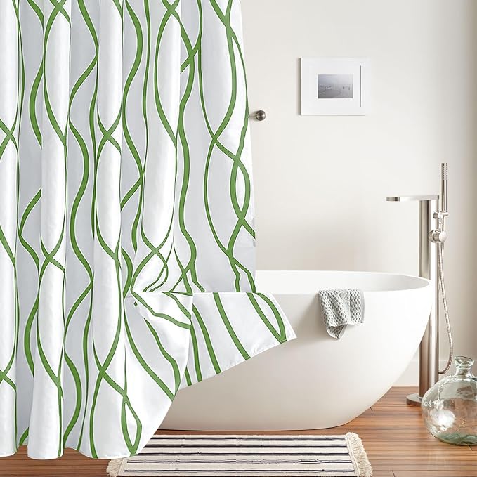 Fabric Modern Shower Curtain-Sage and White Shower Curtains for Bathroom | 72"W x 72"L Textured Faux Linen Luxury Hotel Quality Washable-Abstract Wavy Cloth Bath Curtain-Apartment Minimalist Decor