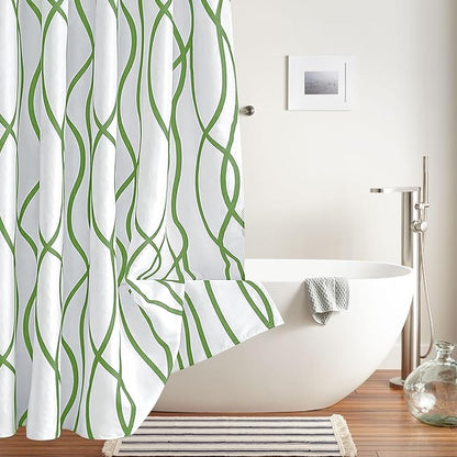 Fabric Modern Shower Curtain-Sage and White Shower Curtains for Bathroom | 72"W x 72"L Textured Faux Linen Luxury Hotel Quality Washable-Abstract Wavy Cloth Bath Curtain-Apartment Minimalist Decor