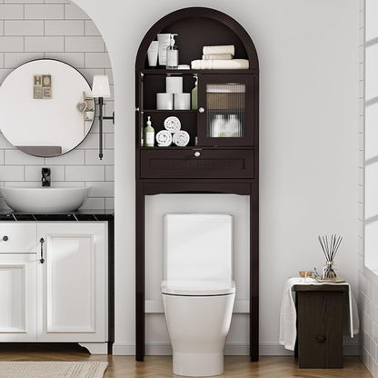 Spurgehom Over The Toilet Storage Cabinet with Glass Door (Coffee) | Freestanding Bathroom Shelf Equipped with Anti-Tipping Device, Space-Saving Vertical Toiletries Storage Cabinet