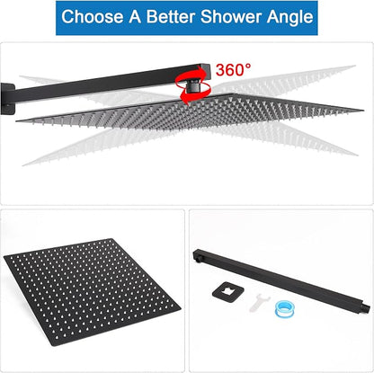 Shower Head with Extension Arm, High Pressure Square with ShowerArm, Stainless Steel Rainfall-Waterfall Full Body Coverage (16'' Shower with 20'' Arm, Matte Black)