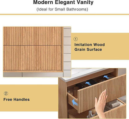 Floating Bathroom Vanity with Sink, Nature Soild Wood Cabinet with Ceramic Basin, Extra Large Storage Drawer & Pre-Assembled Vanities for Bathroom, Powder Room (Nature B Style, 24")