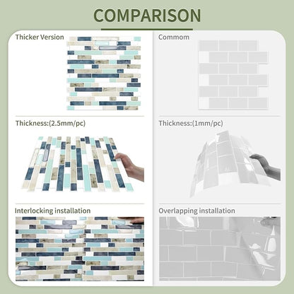 10 Sheets Thick Peel and Stick Kitchen Backsplash Tiles | 3D Waterproof Self Adhesive Wall Tile Stick on Backsplash for Kitchen,Bathroom and Fireplace(Mixed Blue,12"×12")