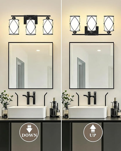 3-Light Black Bathroom Light Fixtures with Milk White Frosted Glass, 21" Modern Bathroom Vanity Lighting Fixtures Over Mirror with Metal Cage, Wall Sconce Lights for Bath, E26, CH9176BKW-3W
