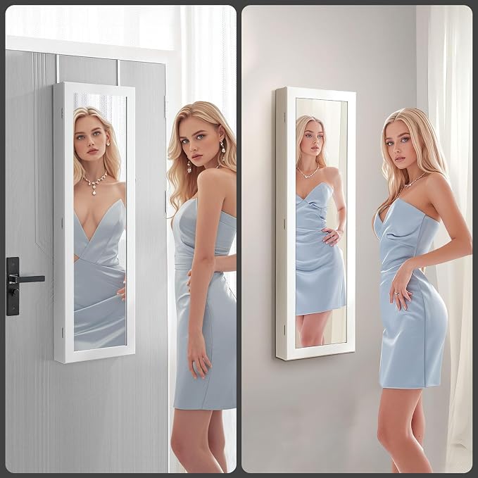 DUMOS 6 LEDs Mirror Jewelry Organizer, Jewelry Armoire Cabinet, 47.2 Inch | Hanging Door or Wall Mounted Mirror, Lockable, Large Capacity Cosmetic Storage, 2 Drawers, Gift Idea, Cream