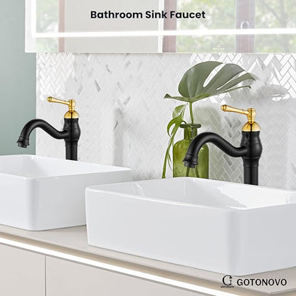 gotonovo Vessel Sink Faucet 360° Swivel Spout Single Handle Tall Bathroom Faucet 1 Hole Farmhouse Lavatory Washbasin Mixer Tap Matching Supply Hoses, with Pop Up Drain, Matte Black & Polish Gold