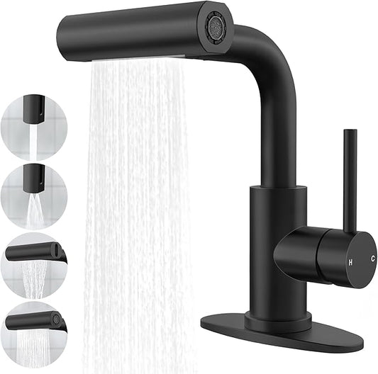 Matte Black Bathroom Sink Faucet with Pull Down Sprayer - 4 Mode Single Handle Vanity Faucet Waterfall Bathroom Faucet with Pull Down Sprayer (No Drain)