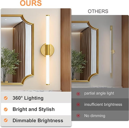 LED Bathroom Light Fixtures Gold Vanity Lights Modern 24" | 360° Bright Bathroom Light, Dimmable Vanity Light, Hardwired Wall Sconce 3000K Warm White for Mirror