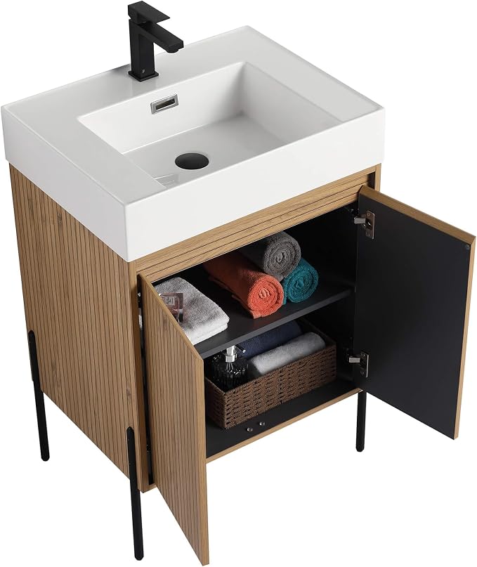 Crownpoint 24 Inch Bathroom Vanity with Sink, White Sink, Bright Oak Finish, Full Assembly Required, Elegant Bathroom Vanities for Modern Homes