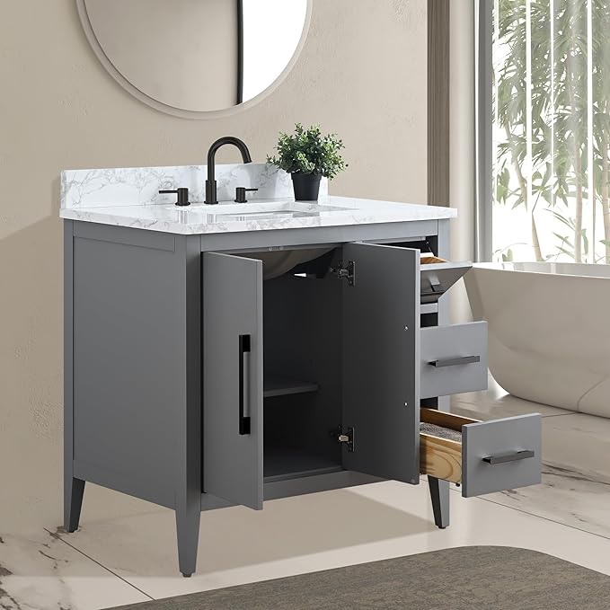 HomeBeyond 36 Inch Bathroom Vanity with Sink & Ceramic Top, Single Vanity Cabinet with Basin, Soft-Closing Doors & Matte Black Hardware, Grey