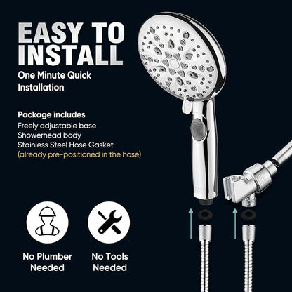 Cobbe 9 Spray Modes Handheld Shower Head, Water-Saving, Chrome | Power Rinse, 1-Click Pause & Flow Control, 6ft Stainless Steel Hose, Adjustable Brass Bracket