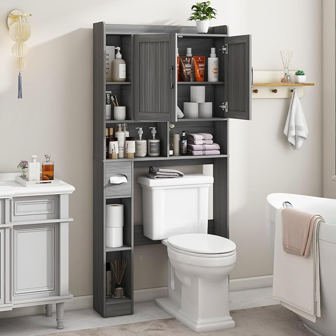 Vabches Farmhouse Over The Toilet Storage Cabinet with Barn Door, Wash Grey | Storage Cabinet Over Toilet, Home Space-Saving Toilet Rack, for Bathroom, Restroom, Laundry