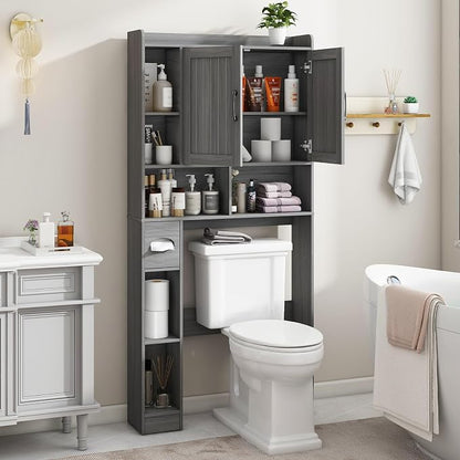 Vabches Farmhouse Over The Toilet Storage Cabinet with Barn Door, Wash Grey | Storage Cabinet Over Toilet, Home Space-Saving Toilet Rack, for Bathroom, Restroom, Laundry