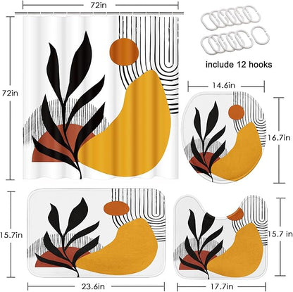 Bathroom Sets with Shower Curtain and Rugs, 4 Pcs, Geometric Boho | Botanical Minimalist Midcentury Bathroom Decor Set with Toilet Lid Cover, Non-Slip Bath Mats and Accessories 12 Hooks