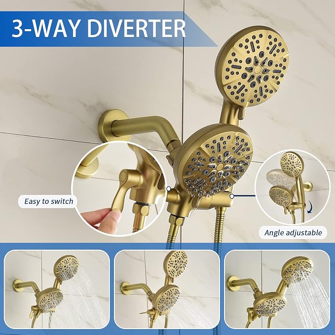 Dual Shower Faucet Set with Tub Spout Tub and Shower Faucet Set Complete Dual Shower Head and Handheld Combo Shower System with Tub Spout Tub and Shower Trim Kit Brushed Gold