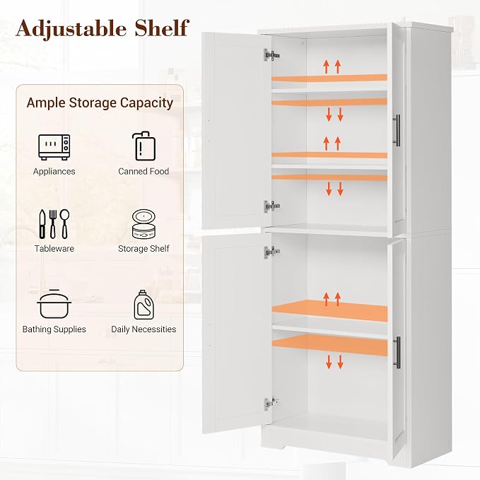 IDEALHOUSE Pantry Cabinet,70" Tall Kitchen Pantry Cabinet with 4 Doors and 3 Adjustable Shelves, Freestanding Cupboard, Modern Storage Cabinet for Bathroom, Dining Room, Living Room (White)
