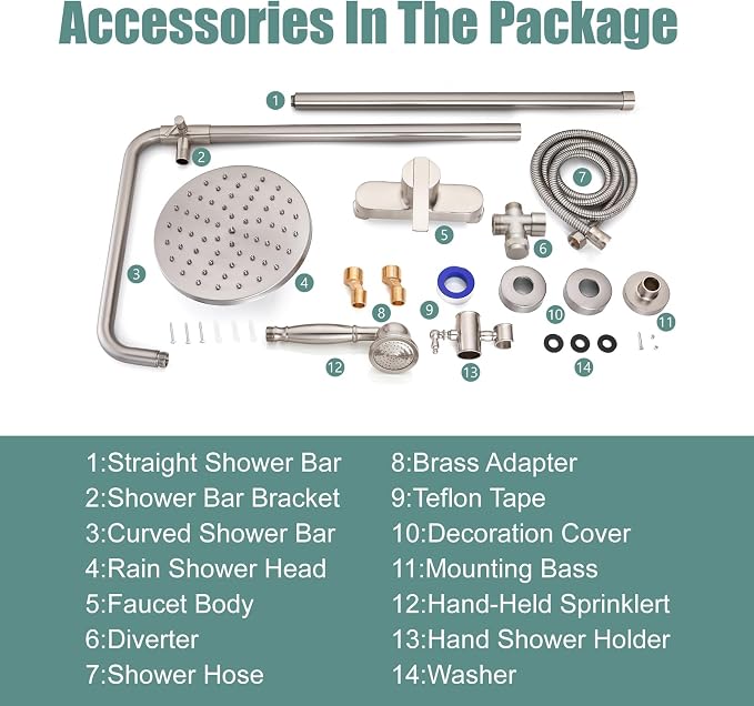 Heyalan Exposed Shower System, 8 Inch Rain Head, Handheld,Brushed Nickel | Exposed shower system with 8 inch rain head, handheld sprayer, single handle control, and complete wall-mounted setup.