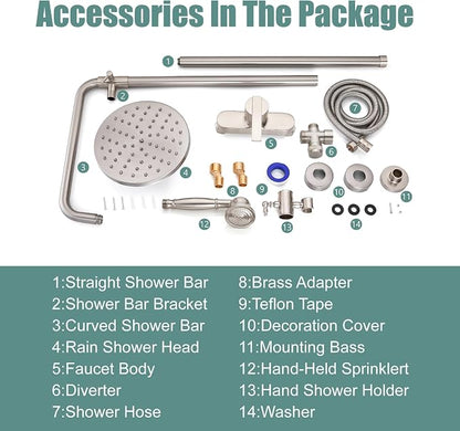 Heyalan Exposed Shower System, 8 Inch Rain Head, Handheld,Brushed Nickel | Exposed shower system with 8 inch rain head, handheld sprayer, single handle control, and complete wall-mounted setup.