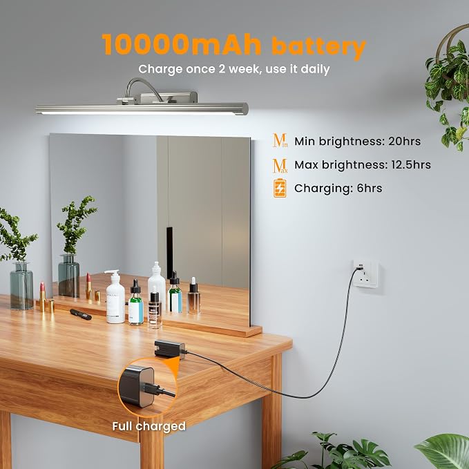 Rechargeable Wireless Bathroom Vanity Light Brushed Nickel 24 inch | 10000mAh Rechargeable Vanity Bathroom Light, with 1 Detachable Battery, Dimmable, Rotatable, 3CCT for Bathroom Mirror