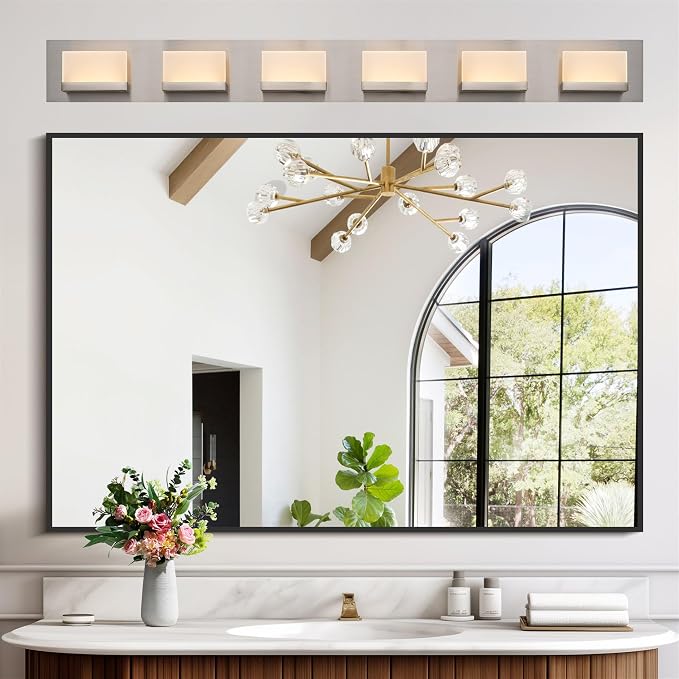 Kira Home Everett 48" Modern Integrated LED 6-Light Bathroom Vanity Light | 60W 3000K Warm White Light, Minimalist Bathroom Wall Sconce with Frosted Acrylic Blocks, Brushed Nickel Finish