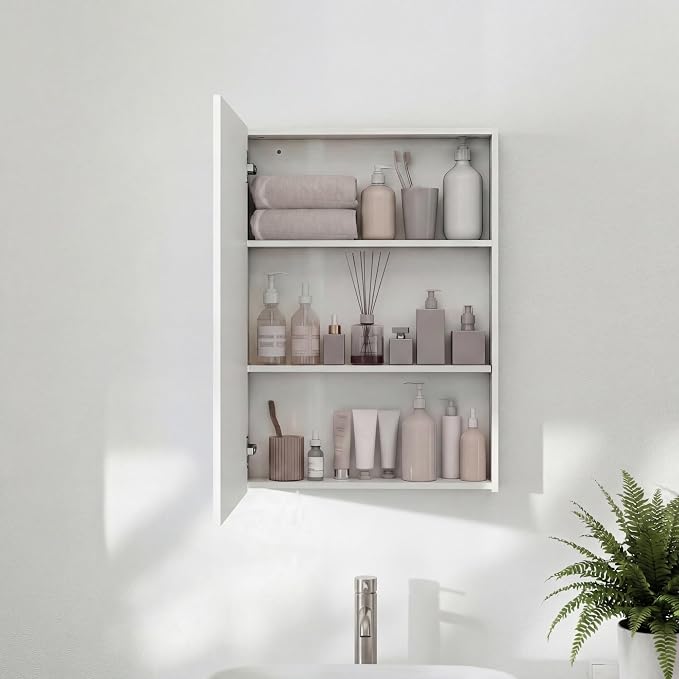 Panana Bathroom Cabinet Medicine Cabinets with Single Mirrored Door Wall Mounted Cabinet with Mirror, Storage Shelf with Adjustable Shelves Storage Organizer Kitchen Cupboard (White, 19.7x27.6 inch)