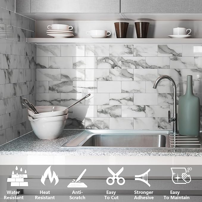 URCOLOR 32-Piece Peel and Stick Backsplash Wall Tile, 4"x 8" PVC Glossy White Gray Marble Stick on Subway Tiles for Kitchen, Bathroom, Laundry Room, Camper, Fireplace