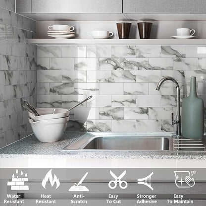 URCOLOR 32-Piece Peel and Stick Backsplash Wall Tile, 4"x 8" PVC Glossy White Gray Marble Stick on Subway Tiles for Kitchen, Bathroom, Laundry Room, Camper, Fireplace