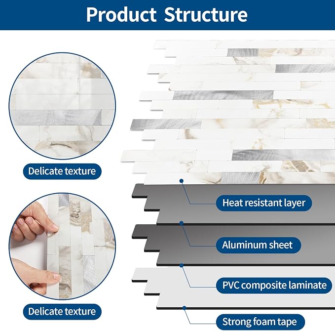 Yipscazo 2026 New Upgrade Peel and Stick Backsplash, Stick on Backsplash Tiles for Kitchen, Bathroom, Fireplace (10 Sheets, Polished White with Gold)