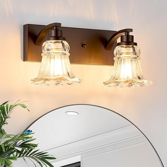 Vintage 2-Light Bathroom Vanity Light, Oil Rubbed Bronze Bathroom Light Fixtures with Floral Clear Glass Shades, Antique Wall Sconce Fixtures for Dressing Table, Bedroom